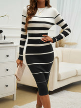 Load image into Gallery viewer, Color Block Round Neck Long Sleeve Midi Dress