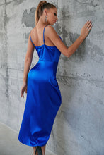 Load image into Gallery viewer, Satin Spaghetti Strap Cowl Neck Split Dress