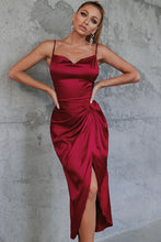 Load image into Gallery viewer, Satin Spaghetti Strap Cowl Neck Split Dress