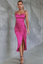 Load image into Gallery viewer, Satin Spaghetti Strap Cowl Neck Split Dress
