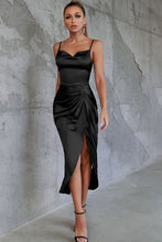 Load image into Gallery viewer, Satin Spaghetti Strap Cowl Neck Split Dress